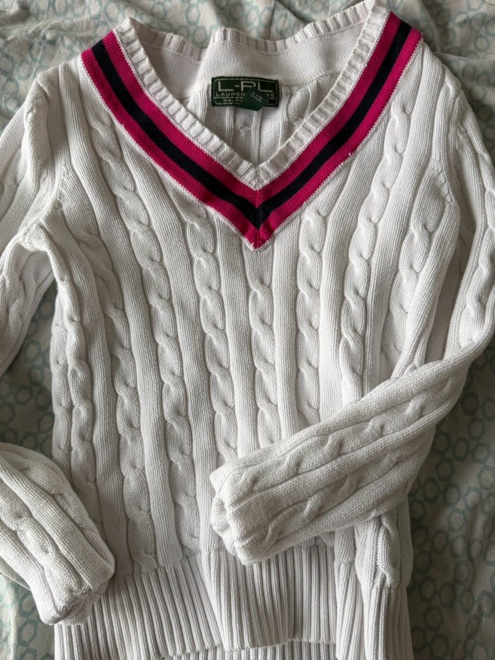 Ralph Lauren White Cable-Knit V-Neck Sweater with Pink and Black Trim